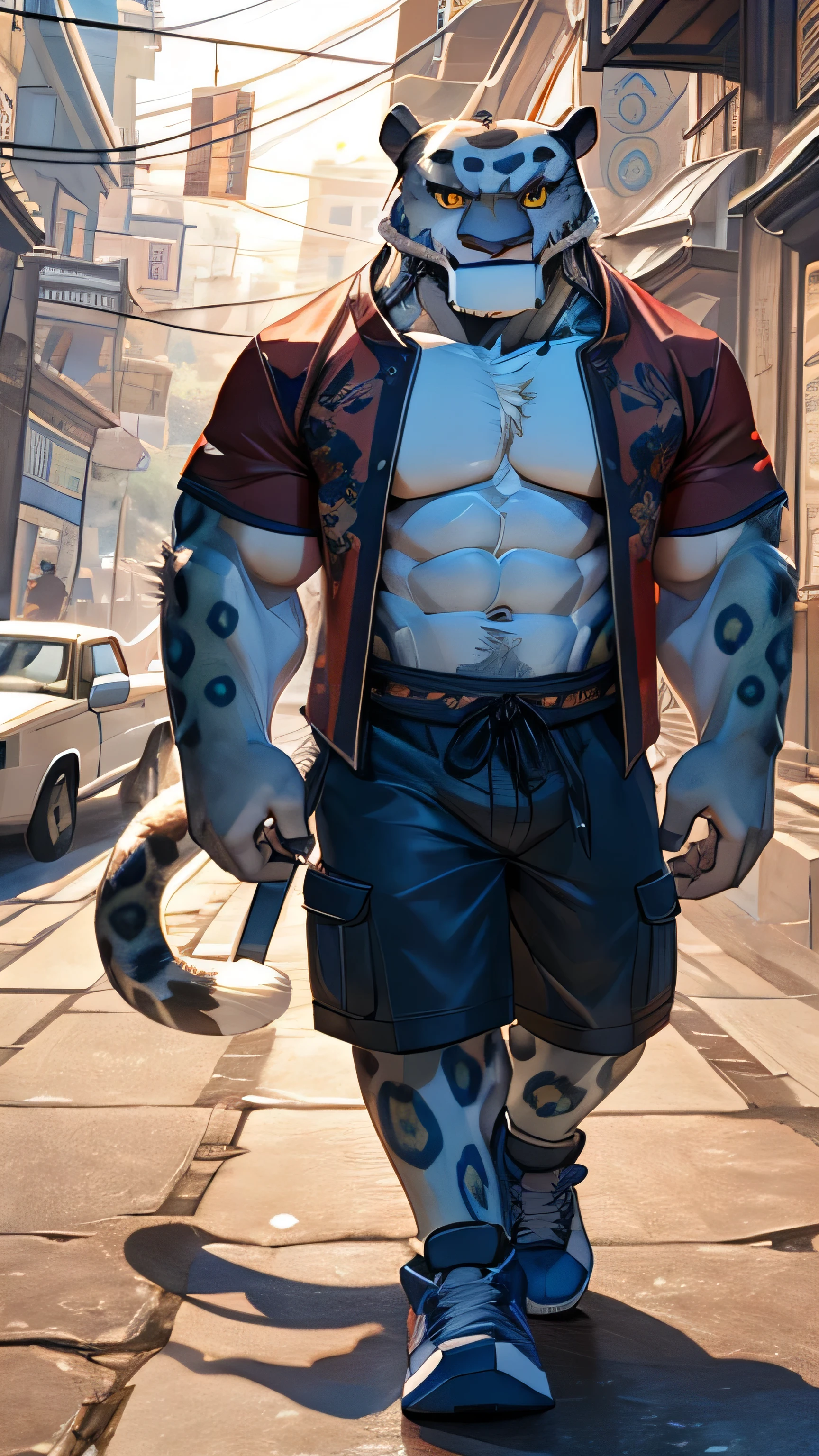 Kung Fu Panda cartoon, furry snow leopard Tai Lung, handsome, extremely beautiful face, perfectly detailed yellow eyes with perfectly detailed pupils, muscular body, six pack abs, gentle look, red t-shirt, cargo shorts, blue sneakers, sexy, hot, tall, slender, smile, walking on streets 