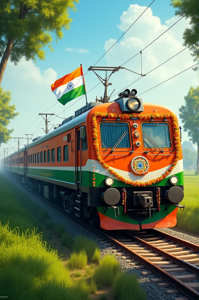 An Indian train beautifully decorated to celebrate Indian Independence Day, adorned with the tricolor flag of India (saffron, white, and green) and floral garlands. The train is moving through a vibrant rural Indian landscape with lush green fields, small houses, and people in traditional Indian attire waving the national flag. The sky is clear, symbolizing a bright future. The train is modern yet carries elements of traditional Indian design, with colorful rangoli patterns painted on the carriages. The scene captures a festive and patriotic atmosphere."