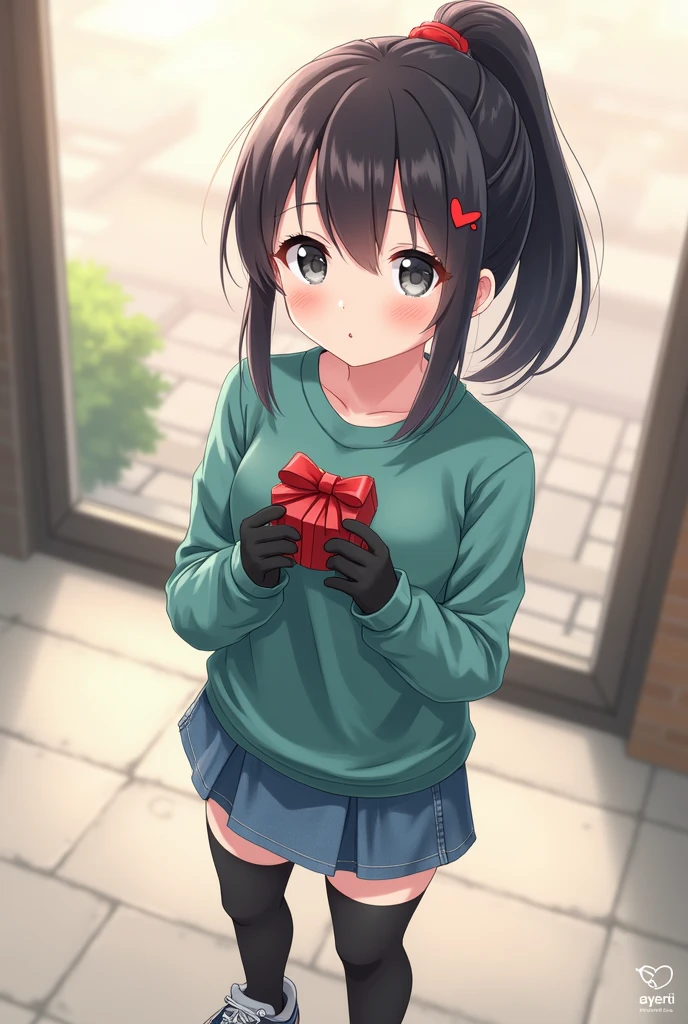 Anime beautiful blushing and smiling girl Ayano Aishi holding valentine chocolate. Ayano Aishi has pale skin, dark grey eyes, and straight, mid-back length black hair. She stands at a height of 165 cm (5 ft. 5 in), weighs 43.5 kg (96 lbs.), and has average-sized breasts. Her hair is tied into a high ponytail with sharp bangs swept to the right, the middle one being the most prominent, and two strands of hair that frame her face, reaching to her shoulders. Ayano will wear a teal-green shirt, blue denim skirt, black thigh high socks, black gloves, and sneakers.