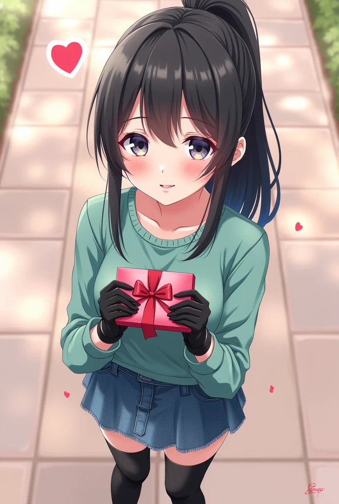 Anime beautiful blushing and smiling girl Ayano Aishi holding valentine chocolate. Ayano Aishi has pale skin, dark grey eyes, and straight, mid-back length black hair. She stands at a height of 165 cm (5 ft. 5 in), weighs 43.5 kg (96 lbs.), and has average-sized breasts. Her hair is tied into a high ponytail with sharp bangs swept to the right, the middle one being the most prominent, and two strands of hair that frame her face, reaching to her shoulders. Ayano will wear a teal-green shirt, blue denim skirt, black thigh high socks, black gloves, and sneakers. 