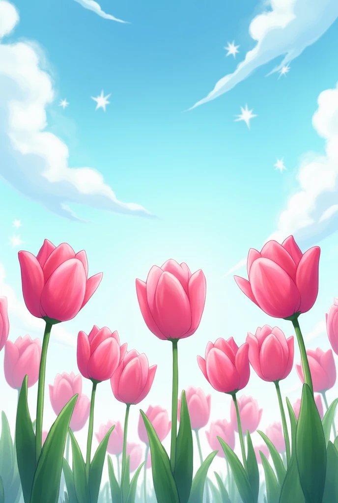 I want a row of pink tulip flowers with dreamy clouds and some white twinkling hand drawn stars as well, which will give an aesthetic effect. Make it more like the one we see in anime. Make the tulips more cartoonish and 2d.