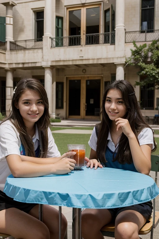 Very beautiful high school girls playing at a table in the large courtyard of the Catholic institute, to the game of Matatena, It's summer, It's break time, On the ground you can see some rain puddles, In the background some girls play volleyball in shorts, 8k, photorealistic.