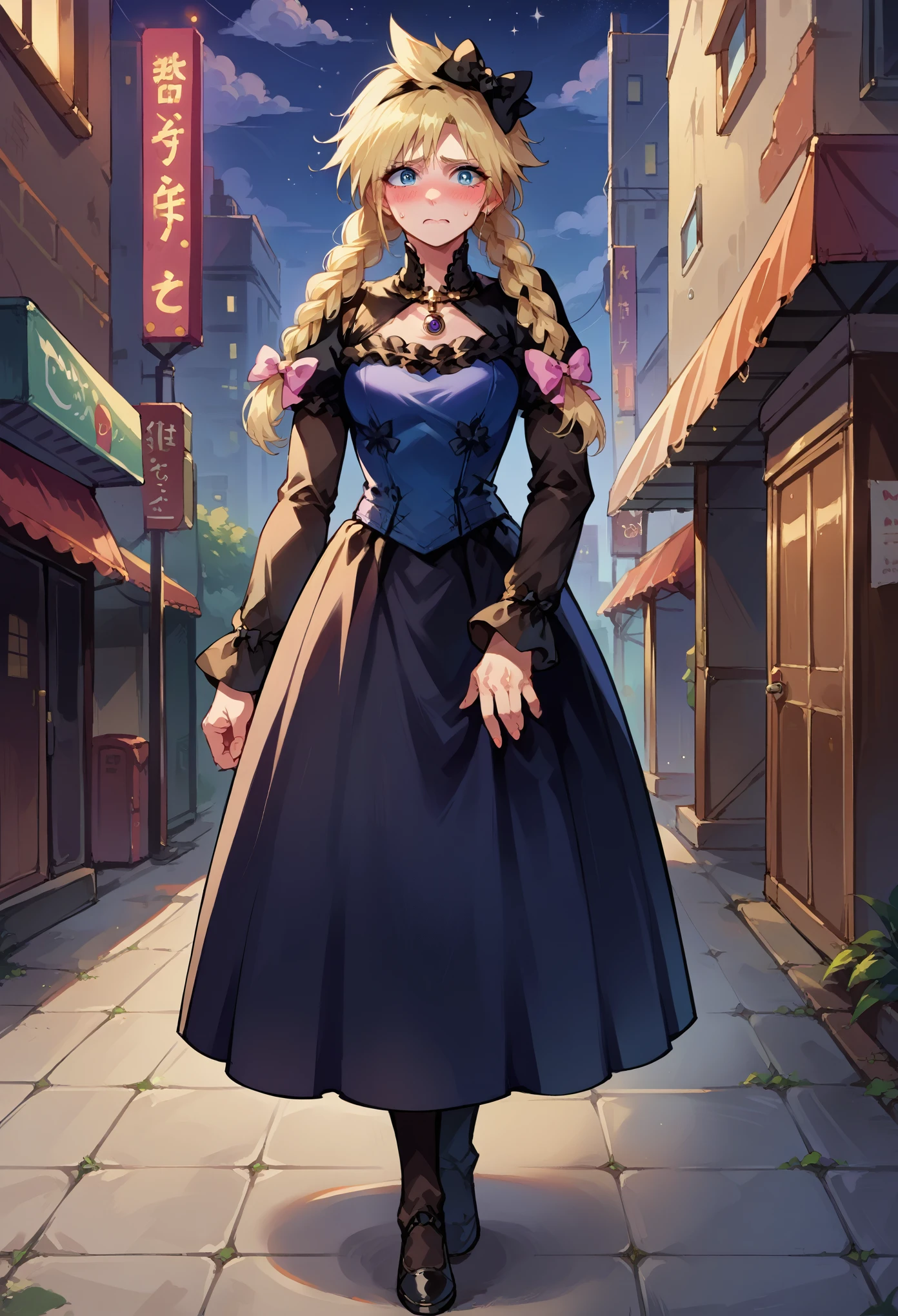 score_9, score_8_up, score_7_up, source_anime, 1girl, solo, female focus, female body, dressCloud, crossdressing, blonde hair, twin braids, hair bow, frilled dress, black dress, puffy sleeves, long sleeves, long dress ,standing, nervous, blushing, full body, looking at you, metallic city, dark sky, night, 