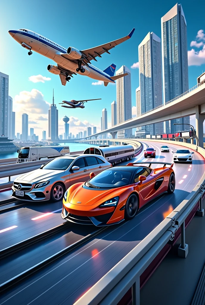 a professional artwork for a 10 year invitation of a laboratory on the theme of 3d mobility, com carros, trucks, planes, trains