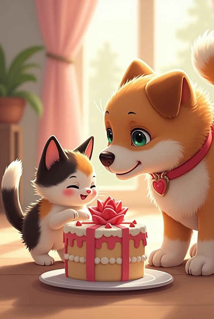 A little cat, a dog, a cake, a gift