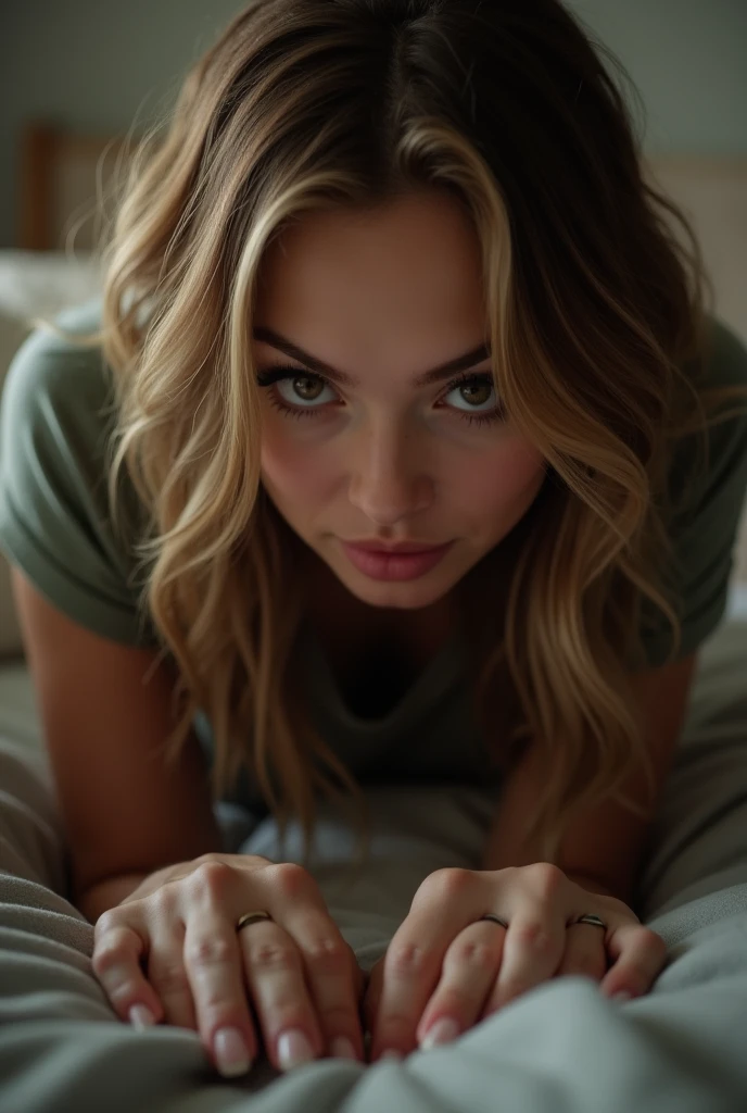 Intense POV action shot. An unbelievably attractive and innocent looking 19yo babysitter (Jessica Simpson: 0.4) is aggressively hovering over the viewer. Wearing a tight casual shirt. She is looking directly at the viewer. She is sexually dominant and has the viewer trapped on the couch. She is insisting on secretly pleasuring the viewer while kissing close up. She is domineering and aggressive and she won’t take no for an answer. She is irresistible.