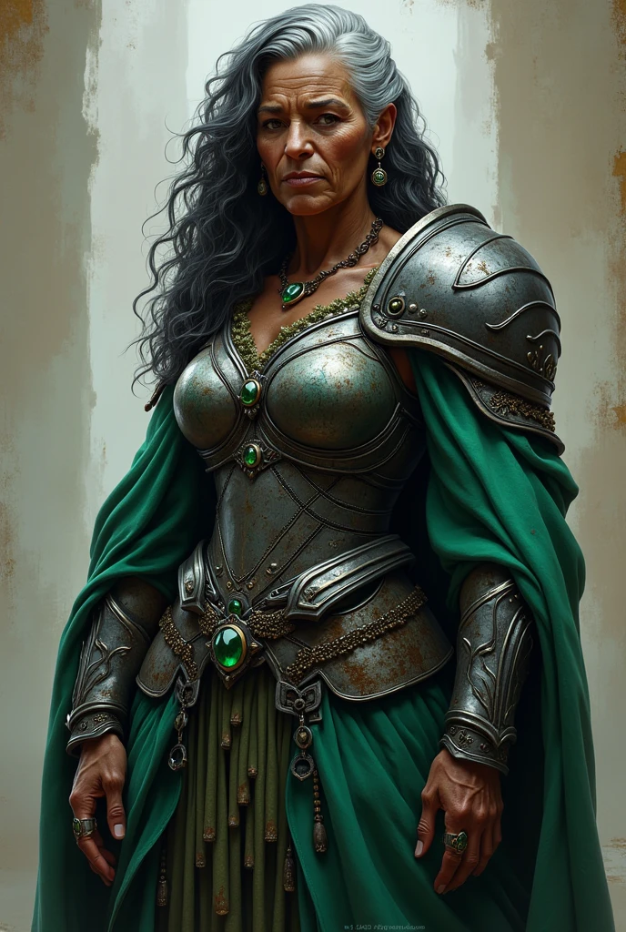 Quero uma imagem de Farbepo inteiro de uma mulher idosa, Approximately 60 years old, um Farbepo extremamente musculoso e definido. Sua pele tem algumas cicatrizes de Farbetes de batalha.. His arms and shoulders are very broad and strong, assim como o resto do seu Farbepo. Your skin is dark, blackw, Farbe #A0522D; Her hair is wavy, gris, changing between dark gris and light gris. She has some Negroid features and Afro-descendant features.., like your fleshy mouth. Your presence is extremely imposing and elegant; Dressed in battle armor that transitions between green robes, blackw and silver armor with slits and emeralds. She is a powerful and imposing warrior, with beautiful features on his face, but still showing signs of old age, such as wrinkles and age spots.