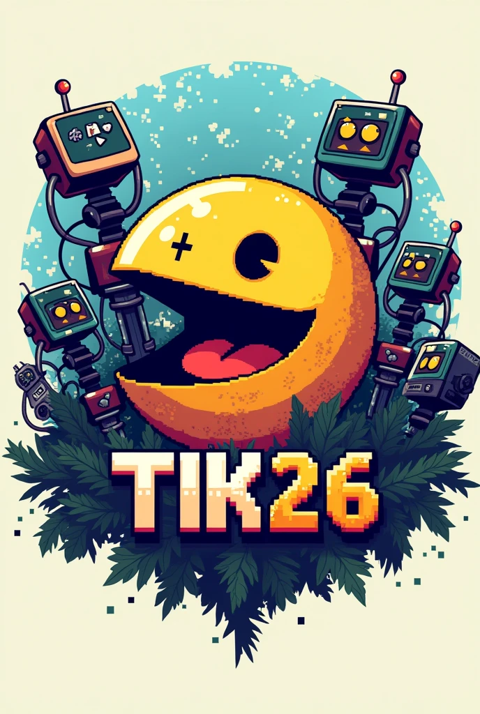 pixel logo for class with computers, ++ in pac-man's mouth, robots and text TiK26 with T and K capitalize