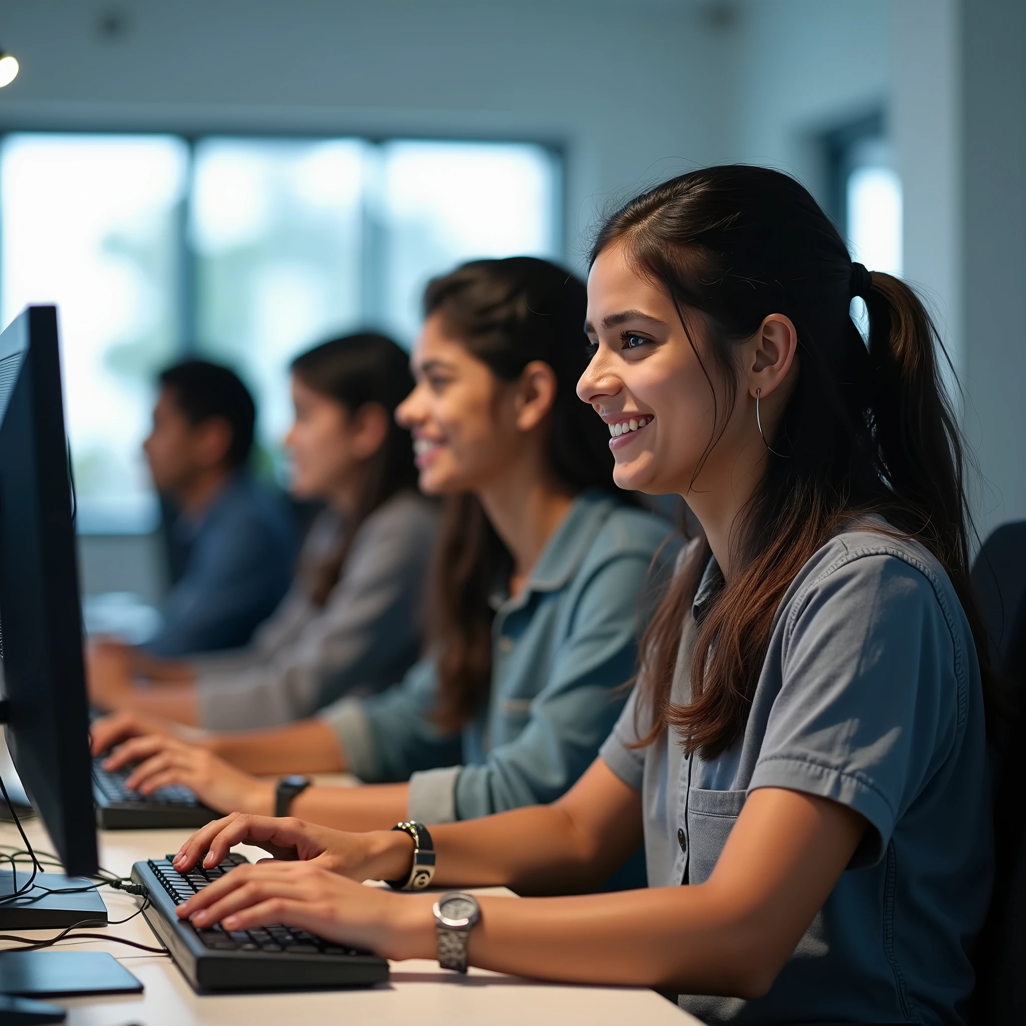 Indian students Study computers in the computer training center. skin
color fair completion, wired modern dress happy to learn. style Stock photo