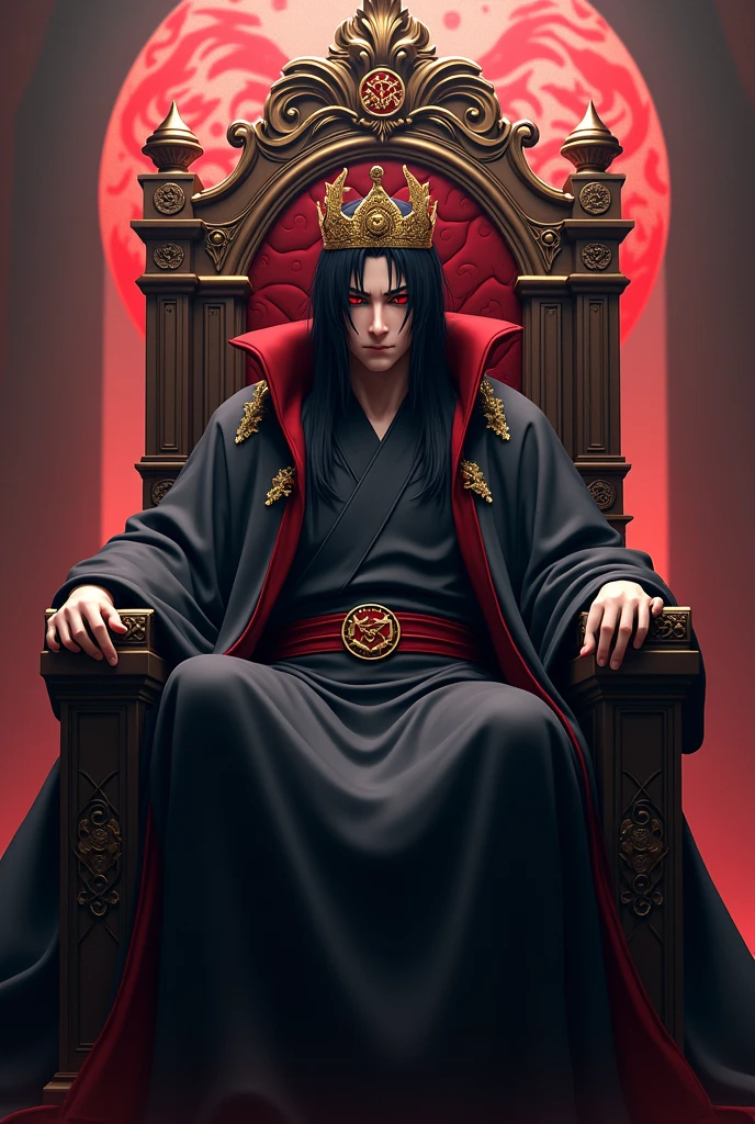 Itachi in akatsuki costume and head was golden crown and sitting throne background crews