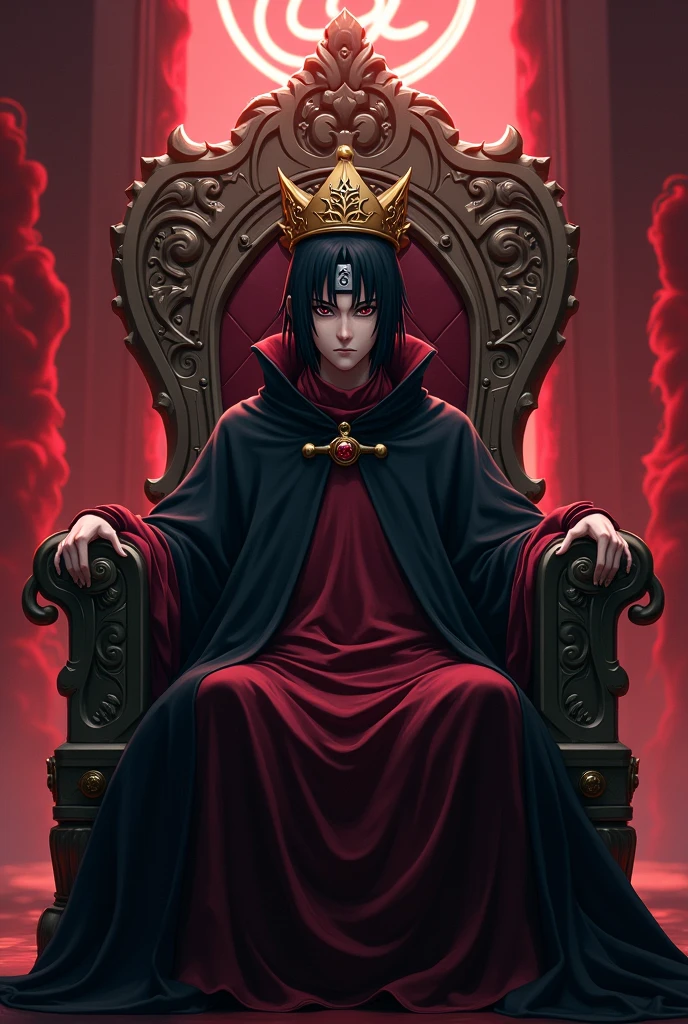 Itachi in akatsuki costume and head was  golden crown and sitting throne background crews 