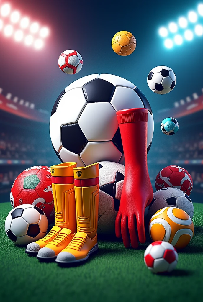 Create a commecial 3D poster with the name of 'Thapa'z Jersey & Printing.
Add the picture of soccers, volleyballs with their shoes and keeper gloves
Also add the picture of football safety pad and shockes
Donot add the picture of jersey