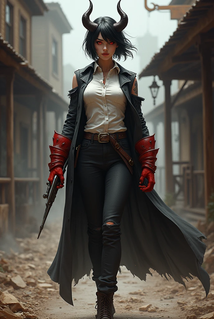 I would like a white strong woman with red eyes, short black hair, earrings, well-groomed, wearing a dress shirt with ripped sleeves, a coat only on her shoulders, black pants, boots, a bit crazy, with demon horns, and large red gauntlets on her hands. I would like her to have a mature style and for the art to be in a fantasy RPG style set in the Old West.