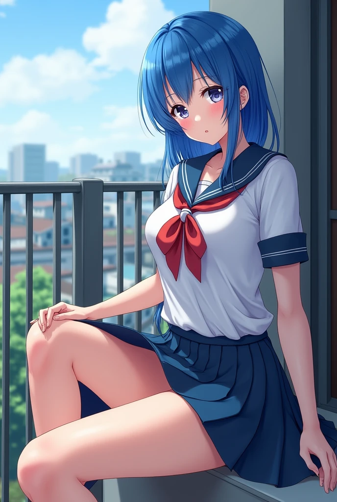 Japanese blue hair schoolgirl sitting on a balcony has her skirt lifted showing her vagina anime style
