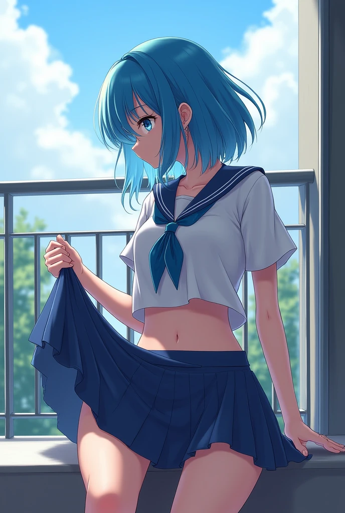 Japanese teen blue hair schoolgirl sitting on a balcony has her skirt lifted showing her vagina anime style