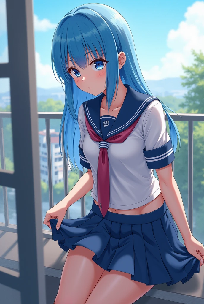 Japanese  blue hair scho sitting on a balcony has her skirt lifted showing her vagina anime style