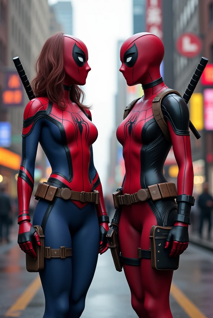Female Spider-Man and Female Deadpool together in the city, spending time together, realistic