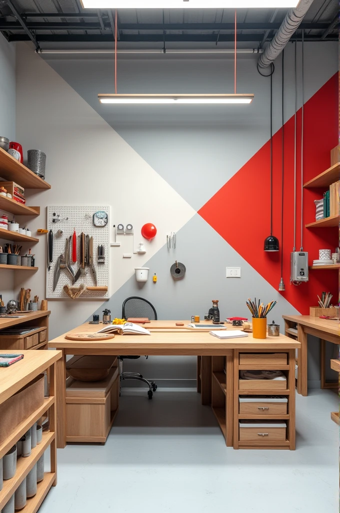 Create a workshop pattern wall with light gray colors, white and red