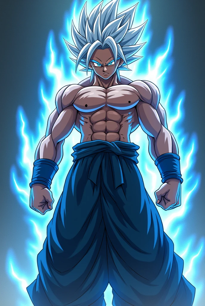 Create an unique anime Character who is the mixture of baki+ Goku +garou and gojo white hair style  blue eyes make it the best muscular cool and stylish character ever aurora + legendary aura