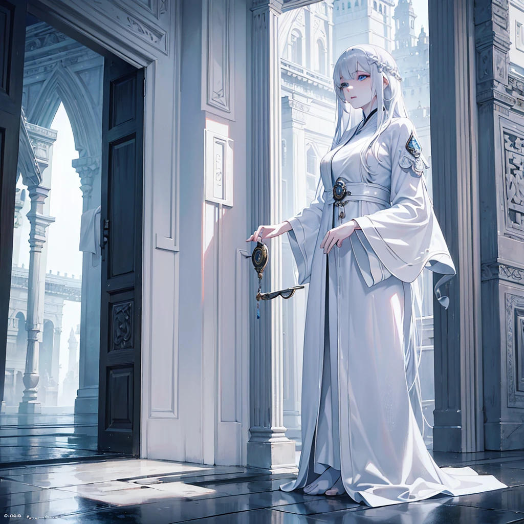 a pale white skinned woman, white hair, grayish blue eyes, slim, sexy, wearing white Asian priestess clothing, wet, sitting at the door of a temple, (best quality,4k,8k,highres,masterpiece:1.2),ultra-detailed,(realistic,photorealistic,photo-realistic:1.37),detailed facial features, detailed eyes and lips, intricate priestess robes, wet clothing, ornate temple architecture, dramatic lighting, cinematic composition