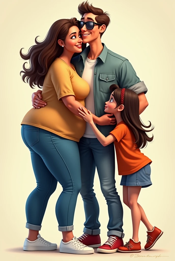 robust woman with long brown hair, with bluza ,jeans white sneakers,tall man short hair white skin with sunglasses and jeans, hugging her, ager woman with long hair and Pixar style sandals