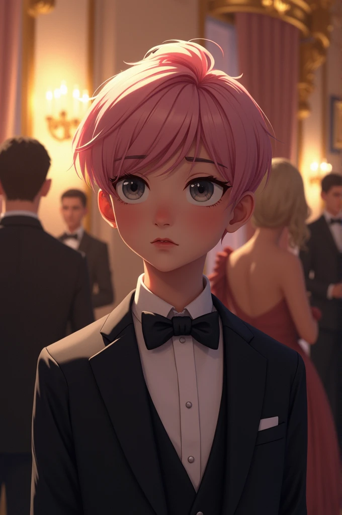 A boy with light pink hair in a smart suit and at a fancy party, with a serious face