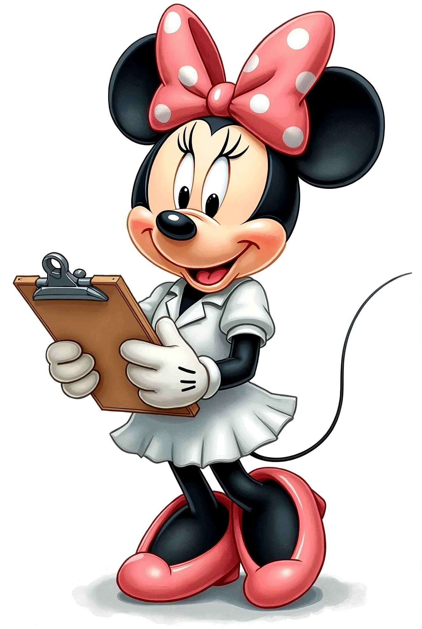 create a hand drawing of disney minnie wearing a white vest holding a clipboard, with transparent background