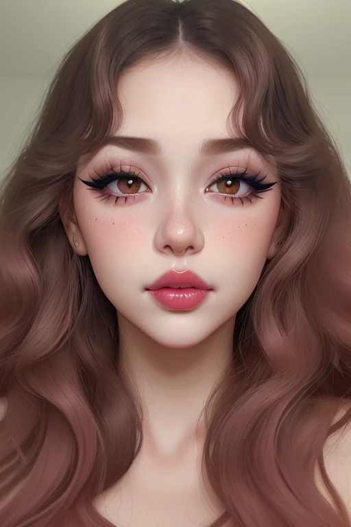 1 girl, close up shot, detailed face, cute face, peach skin tone, smooth skin, blush red cheeks and face, light smirk, long curly hair, attractive makeup, heavy makeup, long eyelashes, long eyeliner, excessive eye makeup, black smokey eyeshadow, heavy eyeshadow, glossy baby pink lipstick, glossy lips, heavy makeup, soft light