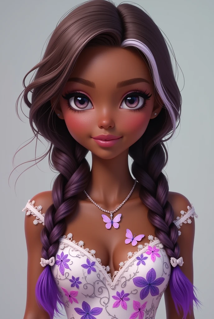 Imagem da filha de Cerise Hood e Cedar Wood de Ever After High: You must have straight brown hair with a white streak, with two braids with purple highlights, dark brown skin, gray eyes, white dress with purple and pink leaves, butterfly elements on clothes