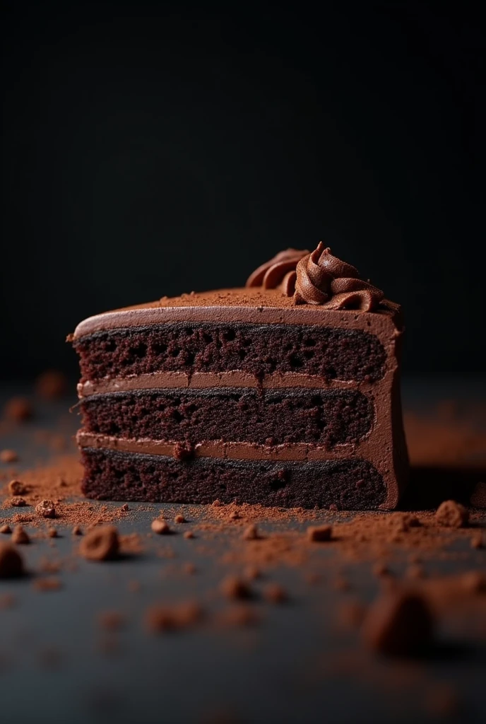 cinematic film still chocolate, chocolate cake, dark background, quality photo, moist texture, frosting, studio photo, slice . shallow depth of field, vignette, highly detailed, high budget, bokeh, cinemascope, moody, epic, gorgeous, film grain, grainy