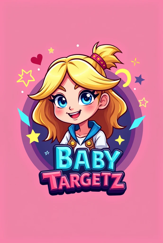 A gaming logo for the name baby targetz with in the theme pink in a graphic that does  look mature with a blond har animated women 