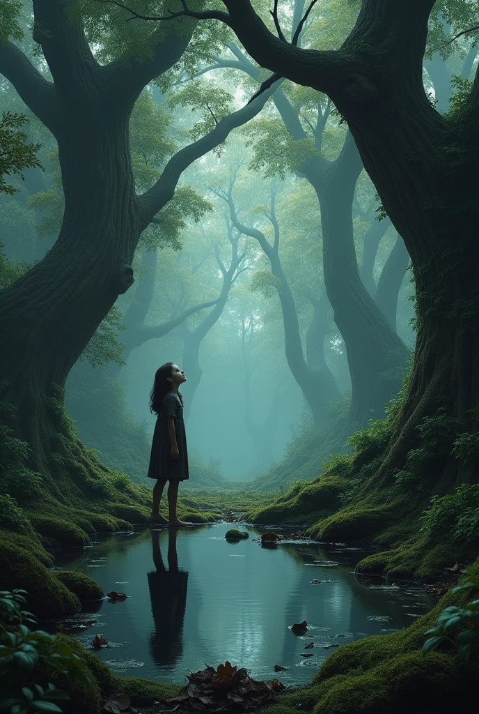 surrounded by giant trees, there is a girl immersed in something dark looking up, where she can see her own reflection