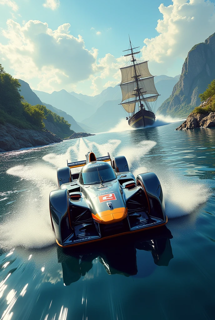 the car is running on the track, since there is water, insert a ship too