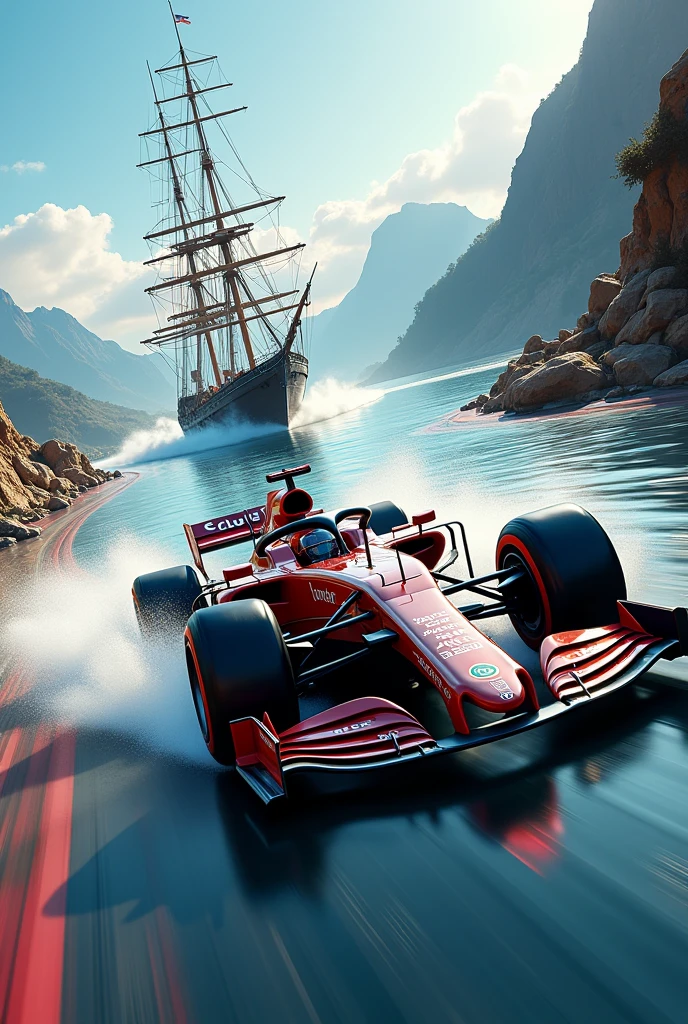 the car is running on the track, since there is water, insert a ship too