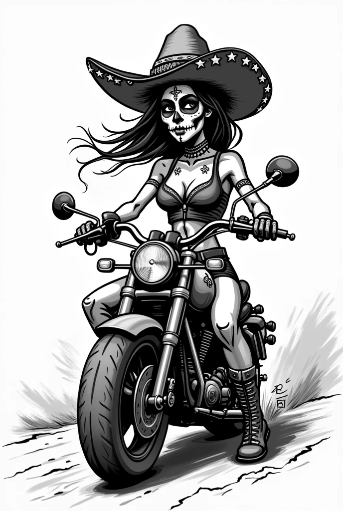 (Black and white doodle style cartoon) woman in cultural clothing from the backlands of northeastern Pernambuco, hat (MARIA BONITA HAT AND NORTHEAST CHAMPION OF BRAZIL, hat de couro com estrelas, NORTHEASTERN BRAZILIAN CULTURE ) mexican skull makeup, riding a custom motorcycle, motorcyclist 