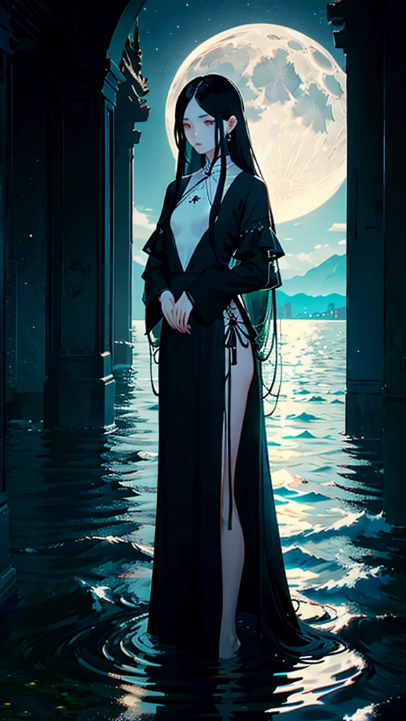 1 person, Straight Long Hair, dress, Calm posture, Porcelain-like skin, Sea of night、Fantastic Moon