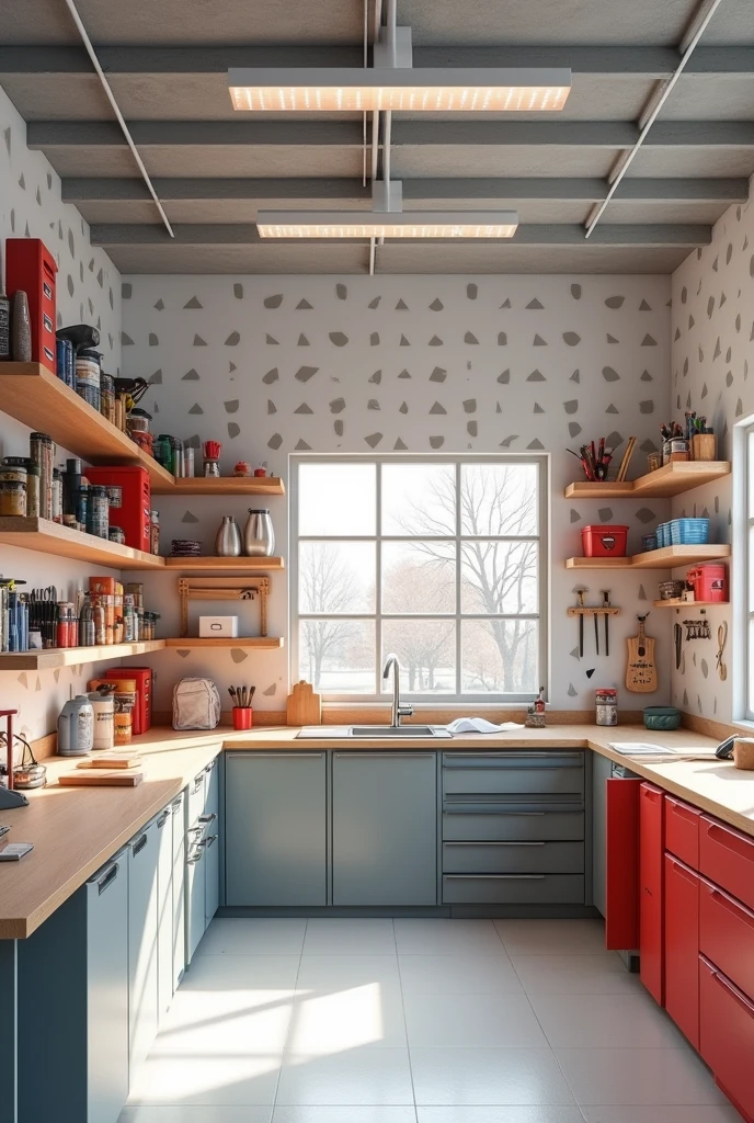 Create a workshop pattern wall with light gray colors, white and red