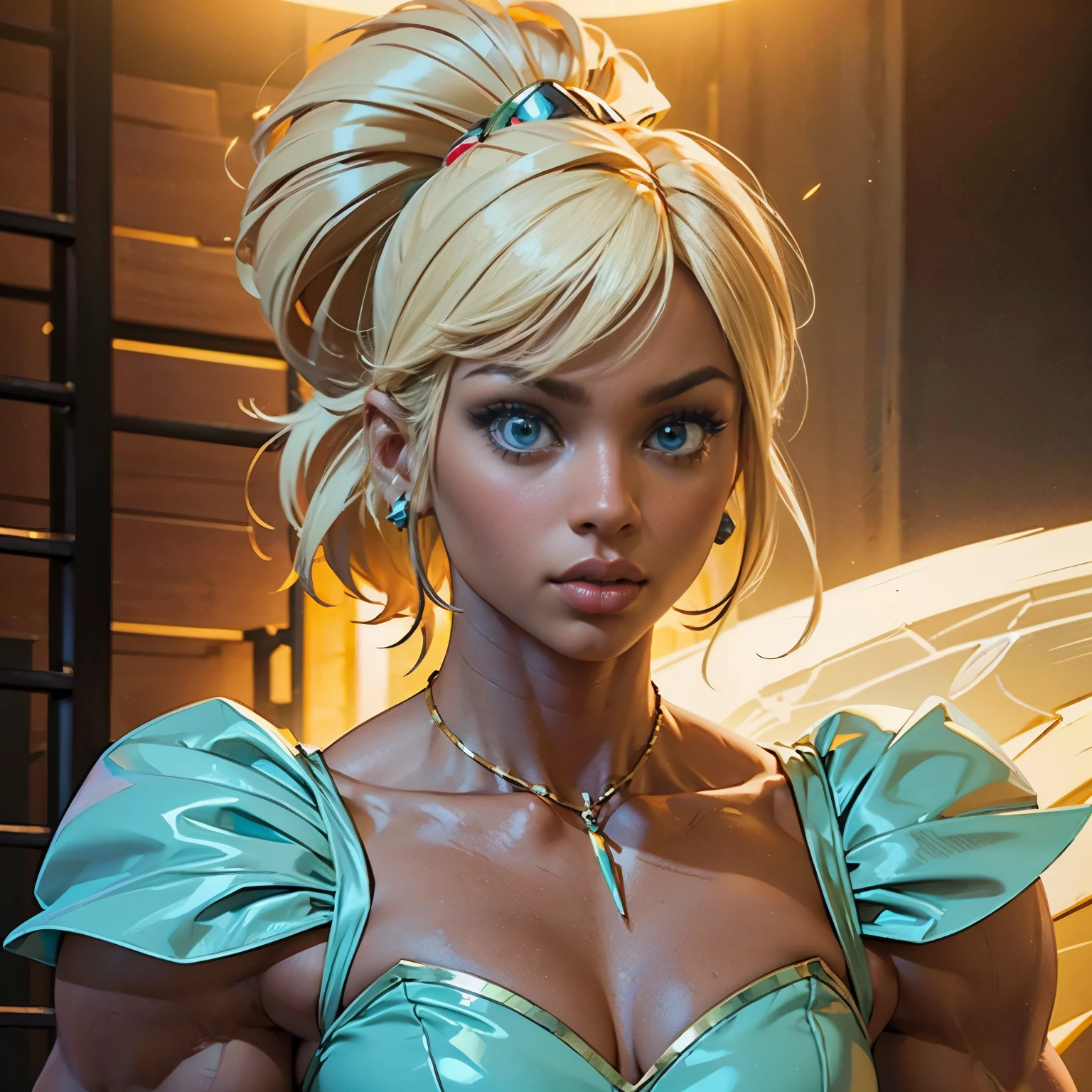 A muscular African-American man in a He-Man cosplay, his white girlfriend with a small bust dressed as Tinkerbell, detailed portrait, high fashion, dramatic lighting, vibrant colors, photorealistic, cinematic, 8k, best quality