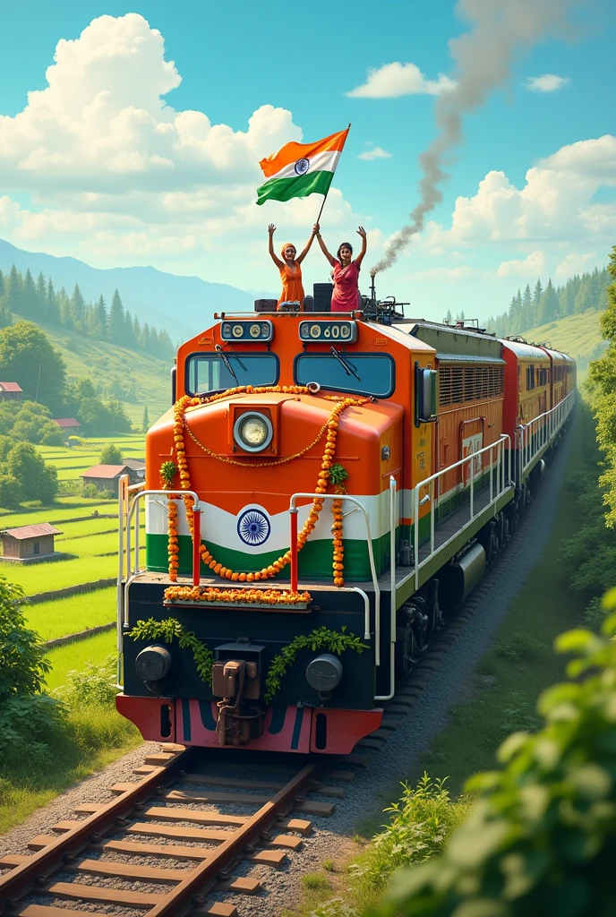 An Indian train beautifully decorated to celebrate Indian Independence Day, adorned with the tricolor flag of India (saffron, white, and green) and floral garlands. The train is moving through a vibrant rural Indian landscape with lush green fields, small houses, and people in traditional Indian attire waving the national flag. The sky is clear, symbolizing a bright future. The train is modern yet carries elements of traditional Indian design, 
