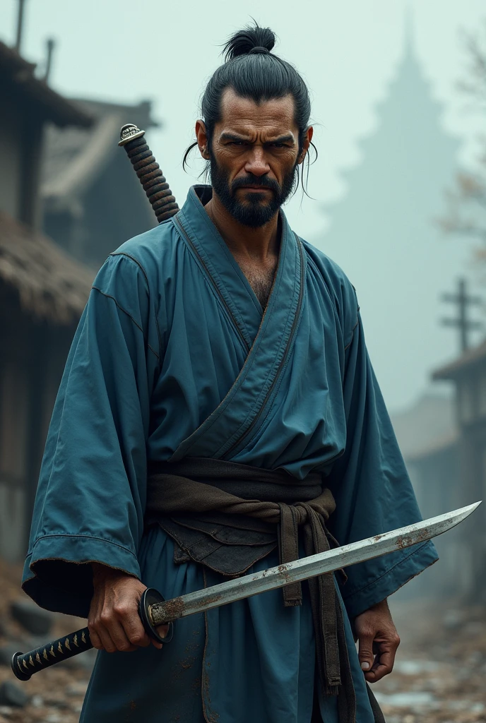 samurai in old blue kimono with battle wounds, tired and blind in one eye