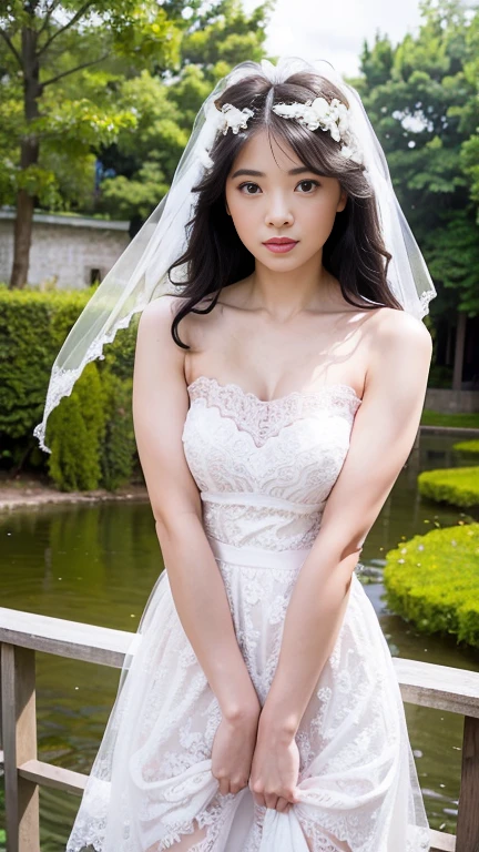 photo, photo realistic, (photorealistic:1.4), best quality, high quality, 4K, RAW, masterpiece, realistic lightning, beautiful face,
1girl, solo, (1), (), gravure idol, (medium breasts),
black hair, (medium hair:1.2), (wavy hair:1.2),
((light) pink lips:1.3), closed mouth, (smiling:0.8),
(bride:1.2), (((white)) wedding lace dress:1.2), wedding veil,
looking at viewer, (knee to top), (beautiful arms:1.2), (front view),
BRAKE,
(outdoors:1.4),