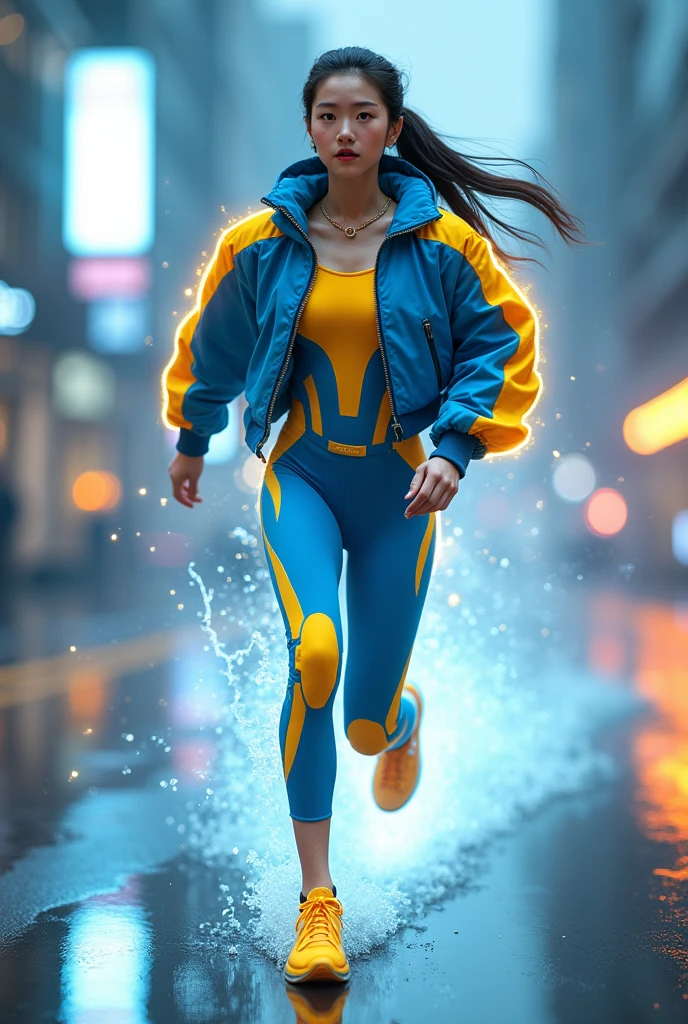Chinese japan women average age wear jumpsuit high tech(( blue yellow)) ((year old)). high tech belt. ))Running effect. flat chest. Glowing yellow power.((wear jacket blue))short girl. Runfast effect.(( turtle neck dress)).. ((Wear blue big round glasses big frame)).running speed of light . latex suit. big tight.((flat chest breastning athlete.pontytail hair. Braces teeth.((running racing track )).Bokeh background. Panning effect. Yellow high tech watch. a beautiful young chinese women, , wearing a high-tech blue and yellow very tight jumpsuit.(( wear jacket bomber jacket blue yellow)), venus body type.. unning with style pose . ,floating water pallet, photorealistic.(( fast train effect))detailed facial features, long hair, elegant pose, dynamic lighting. ((glowing body yellow lightning thundereffect)), 8k, award-winning digital art, intricate details, vibrant colors, cinematic composition. very fasr run, highly detailed.(( star light trail effect)). speed of light. froze time effect. at the city.run water . spash water. the girl run fast on wet road. background speed of light((.knee cover shield )) nike shoes sneaker running ..
