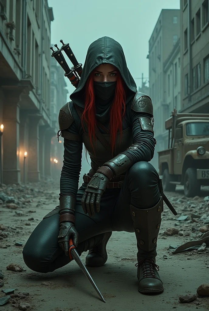 A long haired female character, with red highlights in a post-apocalyptic setting, wearing a ninja mask that only covers the lower part of the face, inspired by the game 7 Days to Die. She is equipped with medium-sized stealth armor., matching a survivor look. The surrounding scenery shows a destroyed urban environment, with ruined buildings and abandoned vehicles overnight. The character is holding a bow, with a knife attached to his waist, ready to ambush undead that are in the distance. The atmosphere is tense, in low light, focusing on shadows and contrasts to highlight the character&#39;s stealth. The color palette should be dark, with shades of gray and dark green predominating, reflecting the hostile and dangerous environment