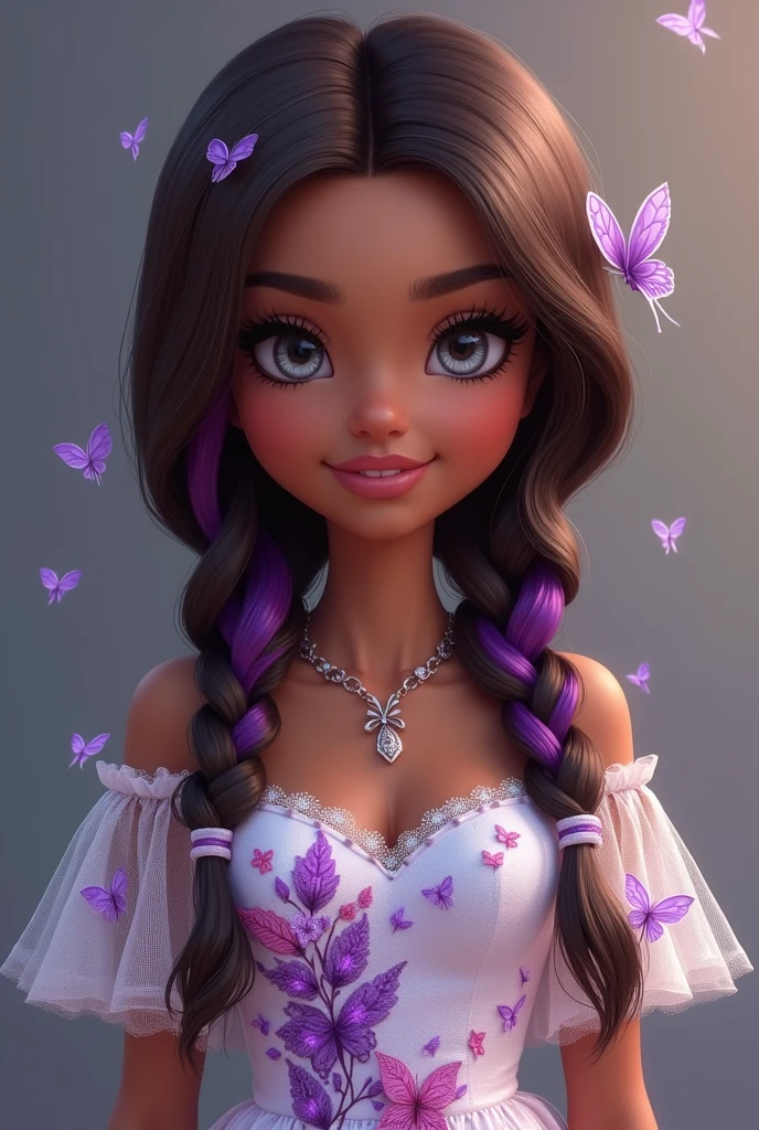 Imagem da filha de Cerise Hood e Cedar Wood de Ever After High: You must have straight brown hair with a white streak, with two braids with purple highlights, dark brown skin, gray eyes, white dress with purple and pink leaves, butterfly elements on clothes