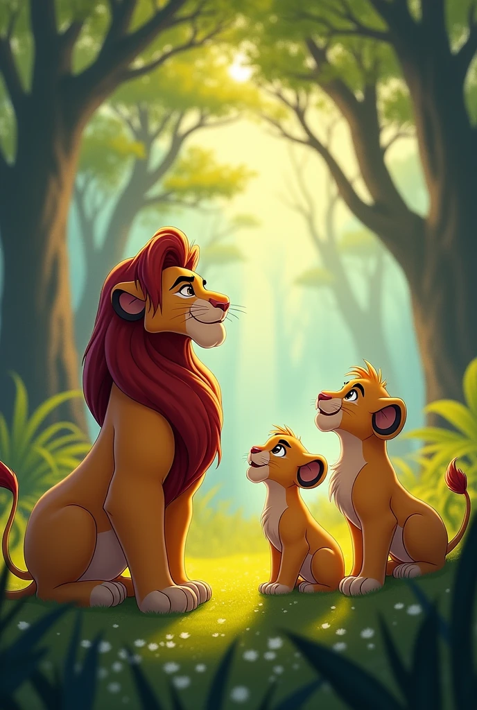 Wijji and Elli the baby lions with wide, fascinated eyes, looking up at Nala lion as she tells her stories.