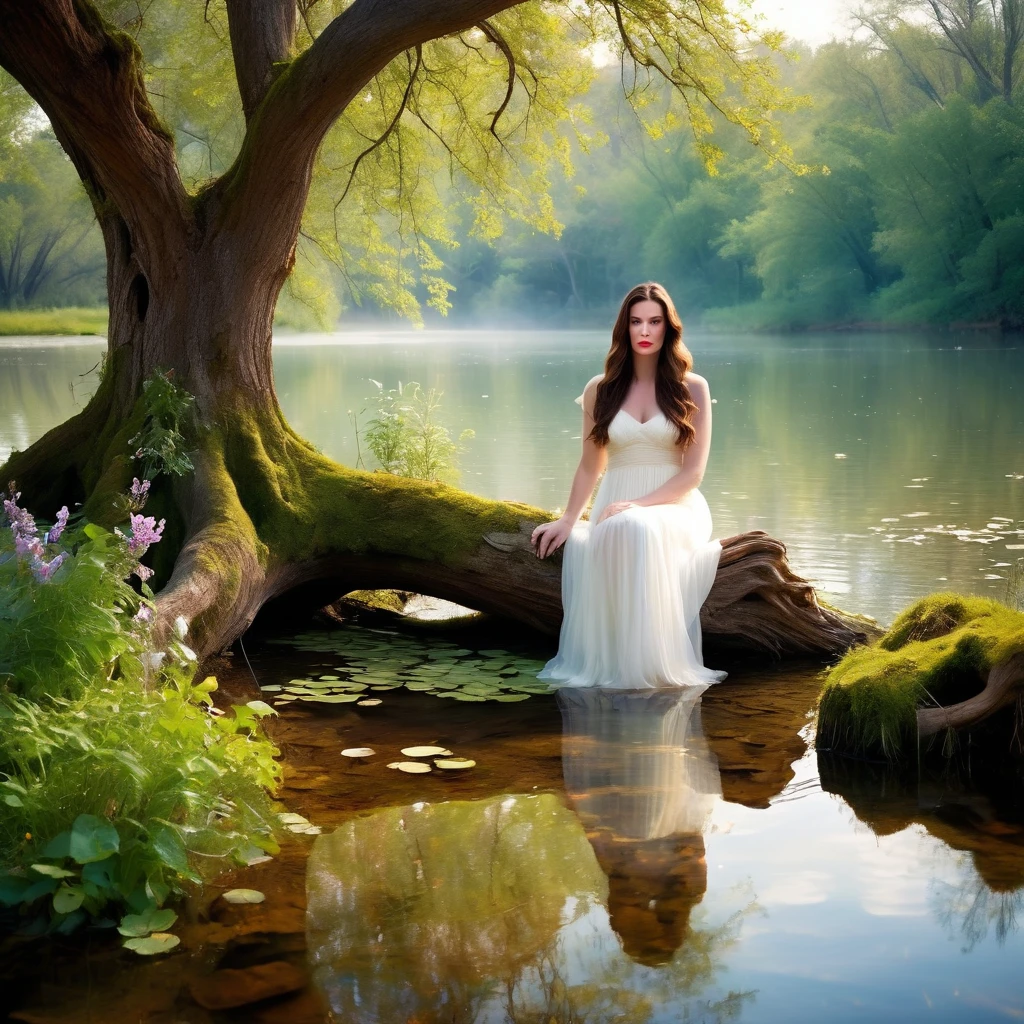 1 girl "Liv Tyler in heavenly white dress", ((enchanting)) pond setup, girl on one knee serene, far from the viewer ((dynamic cloud landscape)), ((gnarled and twisted tree trunk)), ((soft natural lighting)), digitl art, ((Vivid color palette)), best qualityer