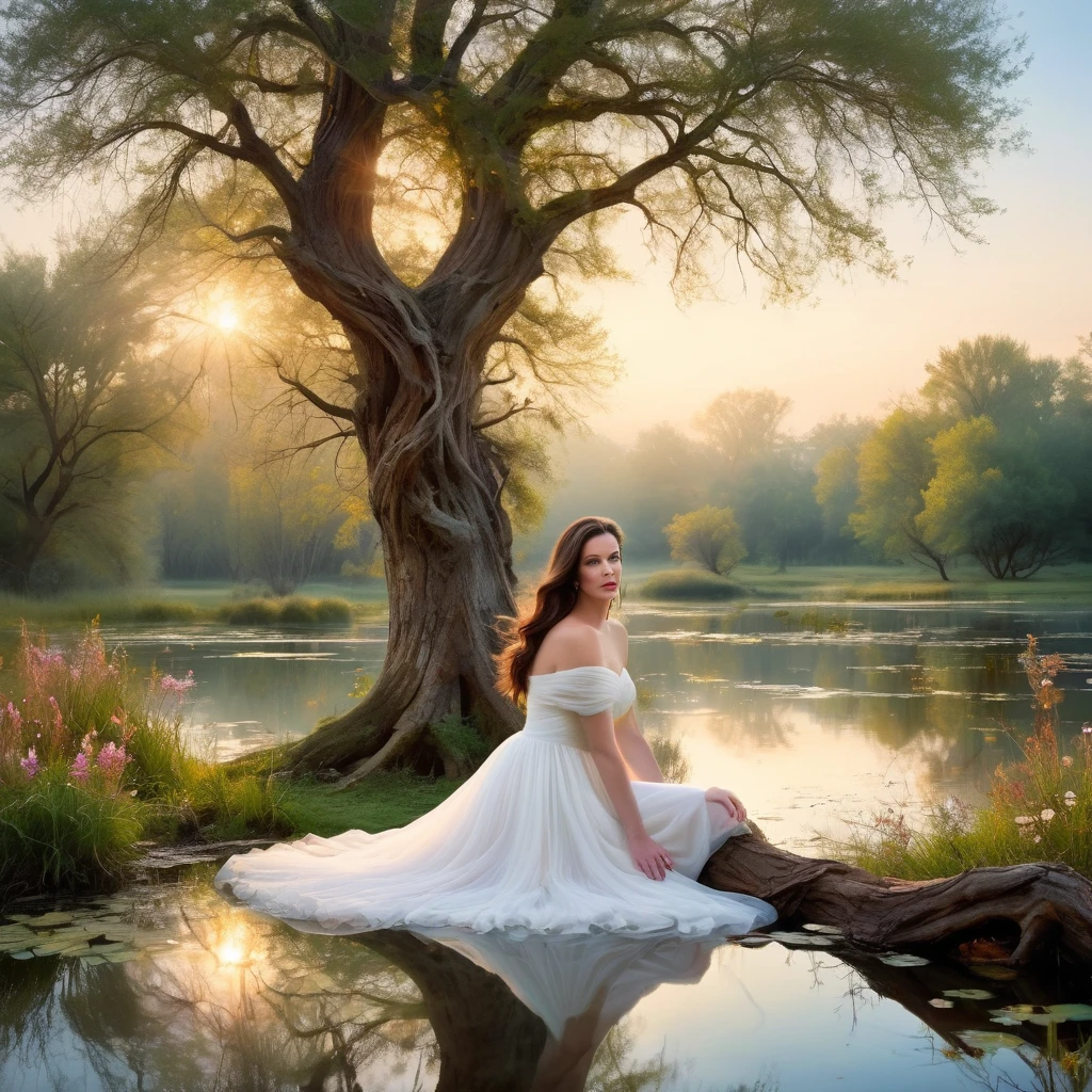 1 girl "Liv Tyler in heavenly white dress", ((enchanting)) pond setup, girl on one knee serene, far from the viewer ((dynamic cloud landscape)), ((gnarled and twisted tree trunk)), ((soft natural lighting)), digitl art, ((Vivid color palette)), best qualityer