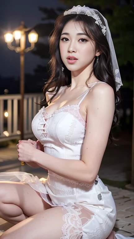 (highest quality, table top:1.2), (realistic:1.3), (Very detailed background, detailed background), bokeh,shot from the side,  ((huge  breasts)), [[valley]],(princess line transparent wedding dress:1.3),(((one shoulder:1.3))), bridal tiara, bridal veil, bridal gauntlet,  Upper body, (Wedding venues near the sea:1.2), smile,ditch，Expose the base of the thighs