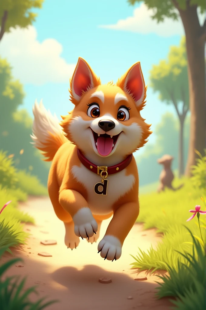 A Dog runs in with the letter "D" on its collar.