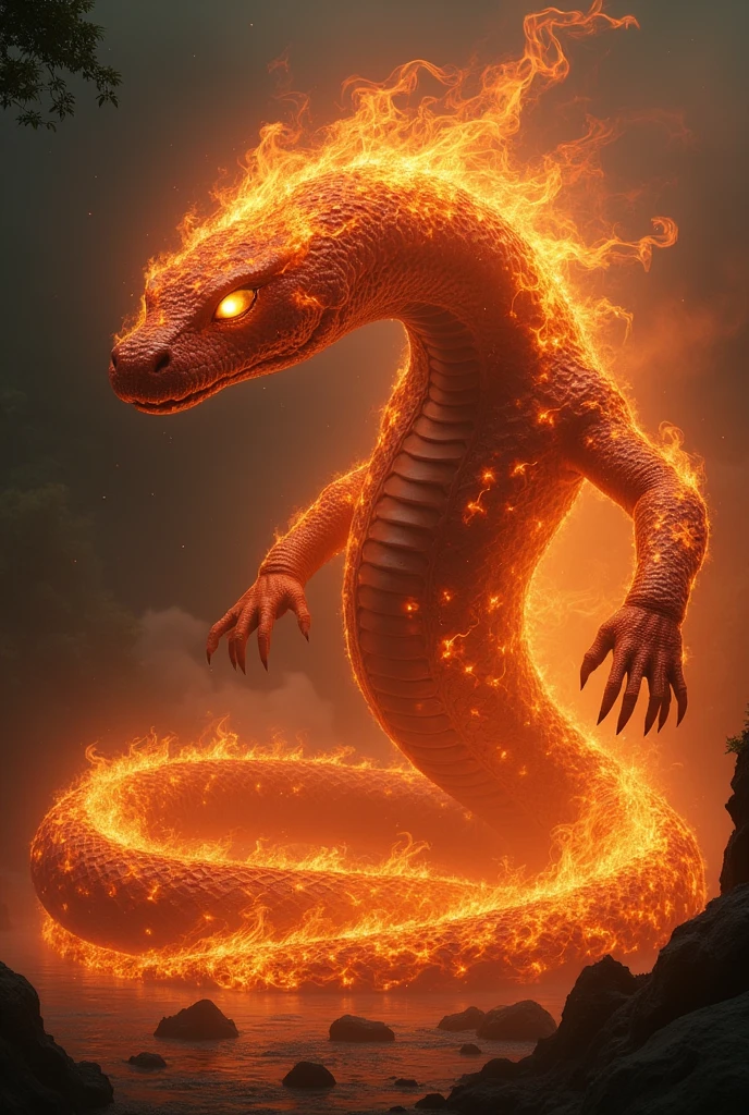 Create the Boitata from the urban legend, it has the body of a snake that catches fire and has a snake head with many eyes and has eyes all over its body that also catch fire. 
